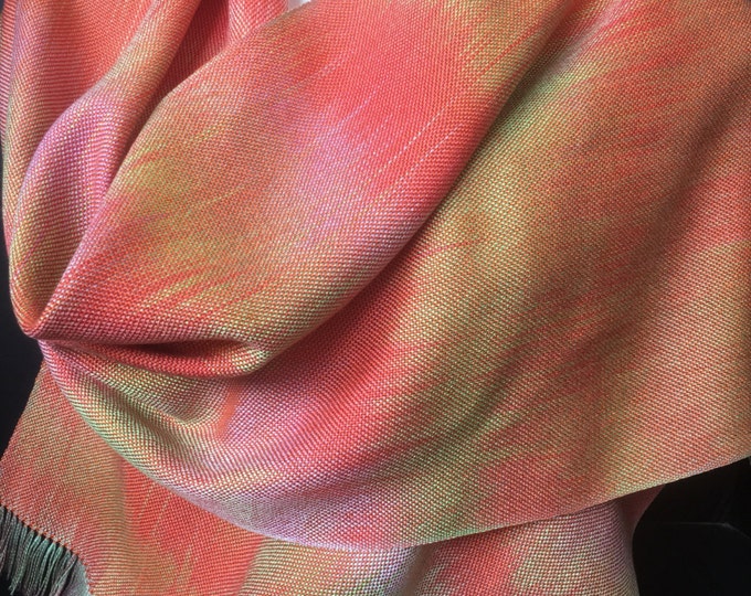 Hand-dyed, handwoven Tencel scarf or wrap in iridescent colors of orange, pink, and green -HSS24