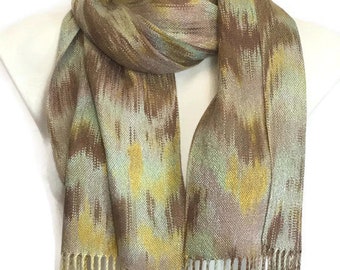 Hand-dyed, handwoven, fringed scarf, Tencel, table runner, in shades of brown, beige, yellow, and light green - TFS20