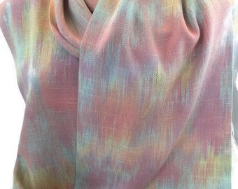 Hand-dyed, handwoven, fringed, rayon scarf in pastel shades of yellow, orange, pink, green, and raspberry -HSS44