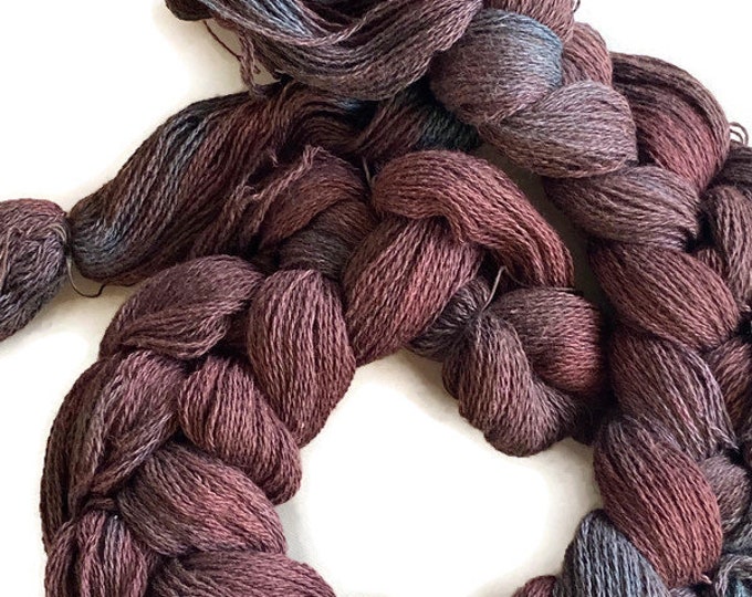 Hand-dyed, pre-wound weaving warp, 10/2 cotton, 3 7/8 yards, multiple ends, in tonal shades of burgundy, dusty purple and blue-green - DW271