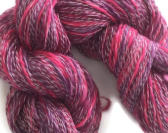 Hand-dyed, cotton and synthetic yarn, thick and thin, 400 yards, in hot pink and purple with white -72