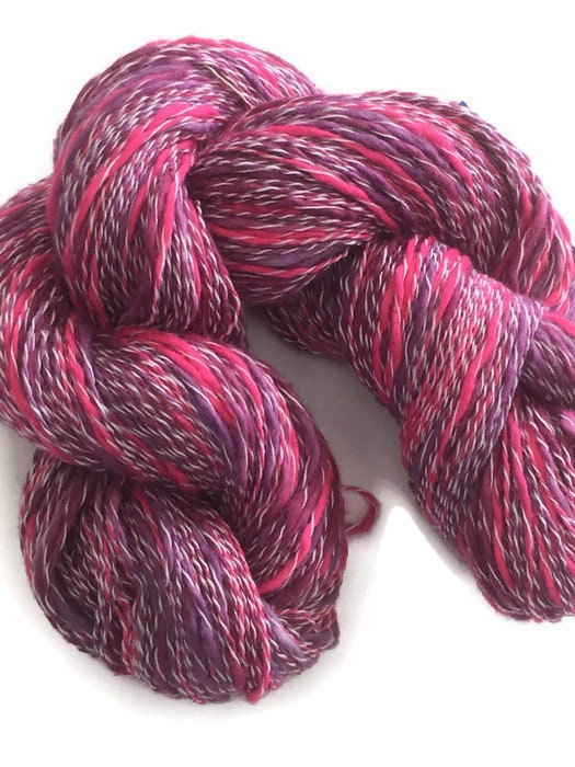 Hand-dyed, cotton and synthetic yarn, thick and thin, 400 yards, in hot  pink and purple with white -72