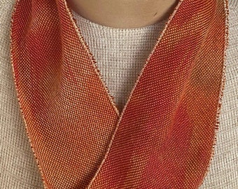 Hand-dyed, handwoven Tencel infinity scarf, 4" x 28", skinny scarf, in shades of orange, gold, rust, brown, and peach