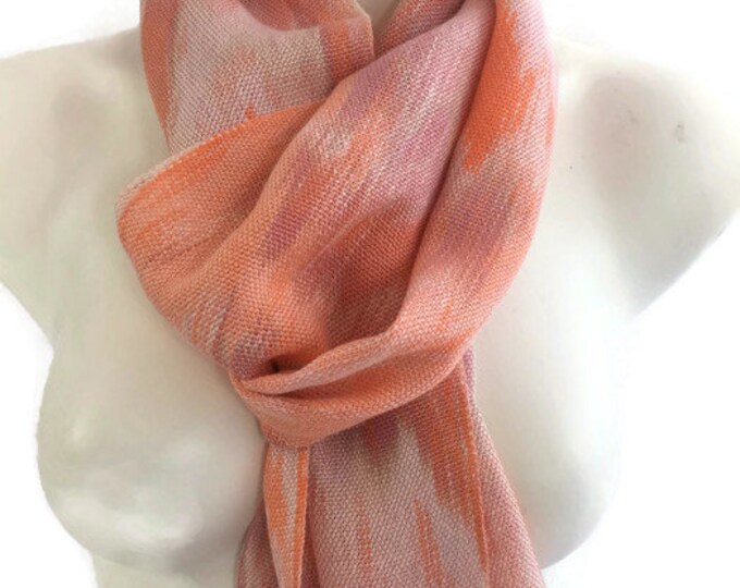 Hand-dyed, handwoven, Tencel, fringed scarf in shades of pink, peach, cream, and orange -TFS25