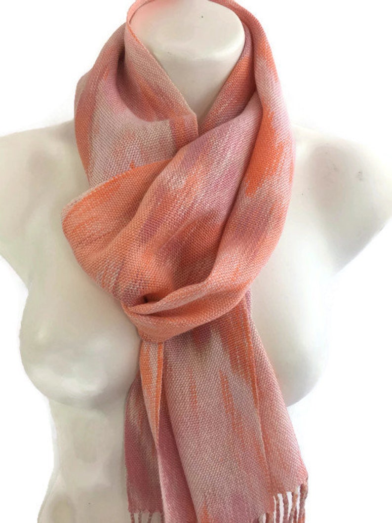 Hand-dyed, handwoven, Tencel, fringed scarf in shades of pink, peach, cream, and orange TFS25 image 1