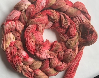 Hand-dyed, pre-wound weaving warp chain, 8/2 ring spun cotton, 5 3/4 yards, in shades of red, salmon, pink, brown, beige, and pink - DW268