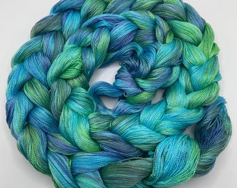 Hand-dyed pre-wound weaving warp, 8/2 Tencel/lyocell, 5 3/4 yards, in shades of blue, turquoise, blue-green, bright green, sea green - DW322