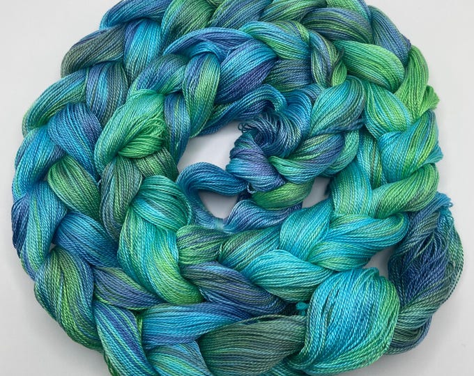 Hand-dyed pre-wound weaving warp, 8/2 Tencel/lyocell, 5 3/4 yards, in shades of blue, turquoise, blue-green, bright green, sea green - DW322