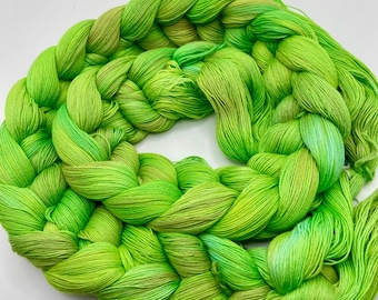 Hand-dyed pre-wound weaving warp, 24/3 cotton, 5 3/4 yard, in shades of bright green, spring green, yellow green, and peach - DW315