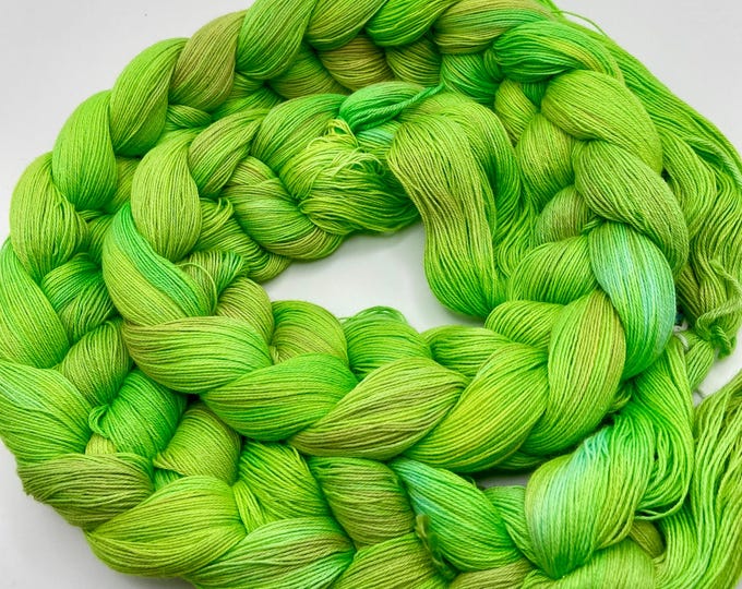 Hand-dyed pre-wound weaving warp, 24/3 cotton, 5 3/4 yard, in shades of bright green, spring green, yellow green, and peach - DW315