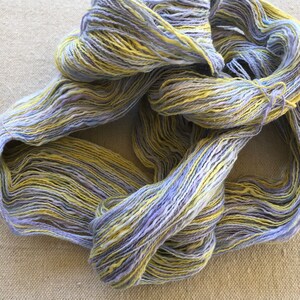 Hand-dyed, 2-ply cotton, thick and thin yarn, 500 yard skeins, in shades of yellow, lavender, and blue image 2