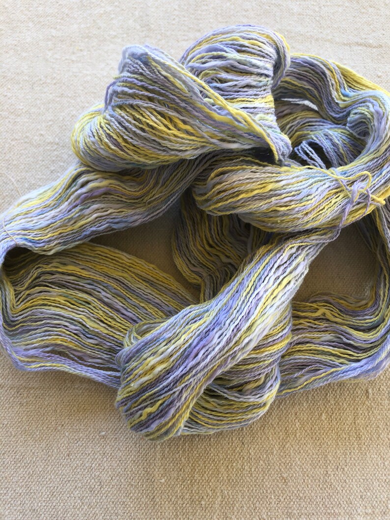 Hand-dyed, 2-ply cotton, thick and thin yarn, 500 yard skeins, in shades of yellow, lavender, and blue image 2