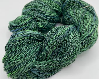 Hand-dyed thick-n-thin cotton with black synthetic binder ply, 437 yard skeins, in shades of green from bright to light and blue-DY219