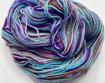 Hand-dyed 4.25/2 cotton yarn, 262 yard skeins, in shades of purple, blue, light blue, dark rose, pink, and brown - DY214