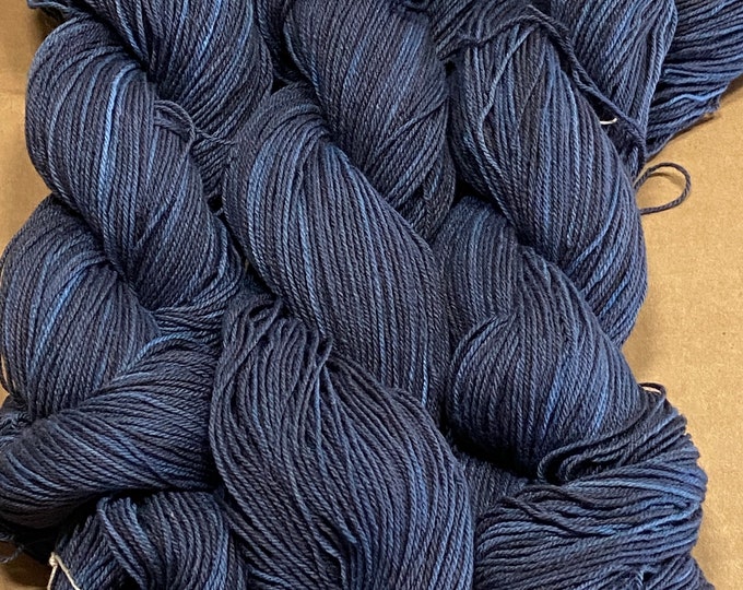 Hand-dyed 10/3 cotton yarn, 350 yard skeins, in tonal shades of black, charcoal, navy blue, and blue - DY186