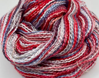 Hand-dyed rayon krinkle roving, 218 yard skeins, in shades of flame red, dark grey, light grey, medium blue, light blue, and white -DY213