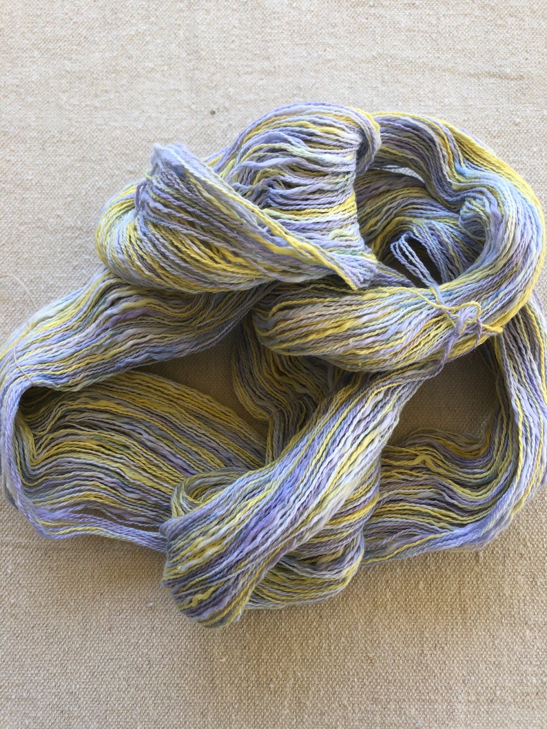 Hand-dyed, 2-ply cotton, thick and thin yarn, 500 yard skeins, in shades of yellow, lavender, and blue image 10