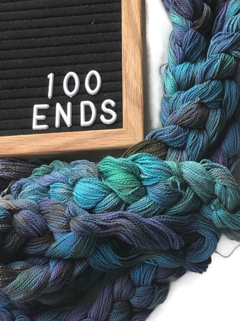 Hand-dyed, pre-wound weaving warp chain, 8/2 ring spun cotton, 3 3/4 yards, multiple ends, in shades turquoise, lavender, and brown DW265 100 ends