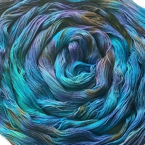 Hand-dyed, pre-wound weaving warp chain, 8/2 ring spun cotton, 3 3/4 yards, multiple ends, in shades turquoise, lavender, and brown DW265 image 4