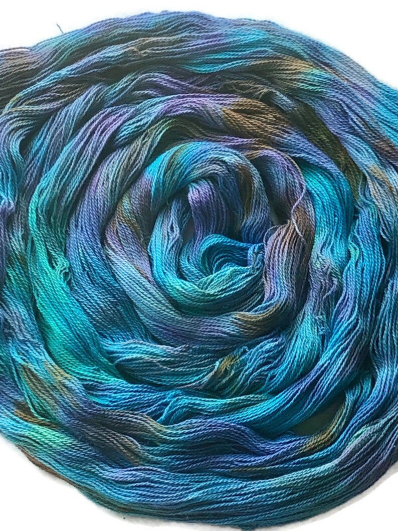 Hand-dyed, pre-wound weaving warp chain, 8/2 ring spun cotton, 3 3/4 yards, multiple ends, in shades turquoise, lavender, and brown DW265 image 4