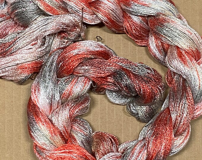 Hand-dyed, pre-wound weaving warp, 5/2 rayon from bamboo, 3 3/4 yards, multiple ends, in shades of coral, taupe, pink, and pale beige- DW290