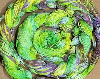 Hand-dyed pre-wound weaving warp, 14/2 cotton, 4 3/4 yards, multiple ends, in shades of bright green, yellow, purple, and brown - DW298