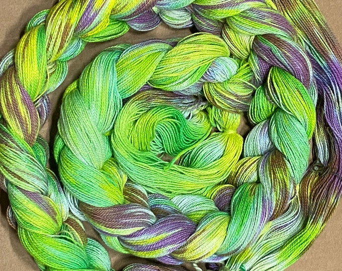 Hand-dyed pre-wound weaving warp, 14/2 cotton, 4 3/4 yards, multiple ends, in shades of bright green, yellow, purple, and brown - DW298