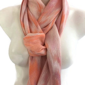 Hand-dyed, handwoven, Tencel, fringed scarf in shades of pink, peach, cream, and orange TFS25 image 4