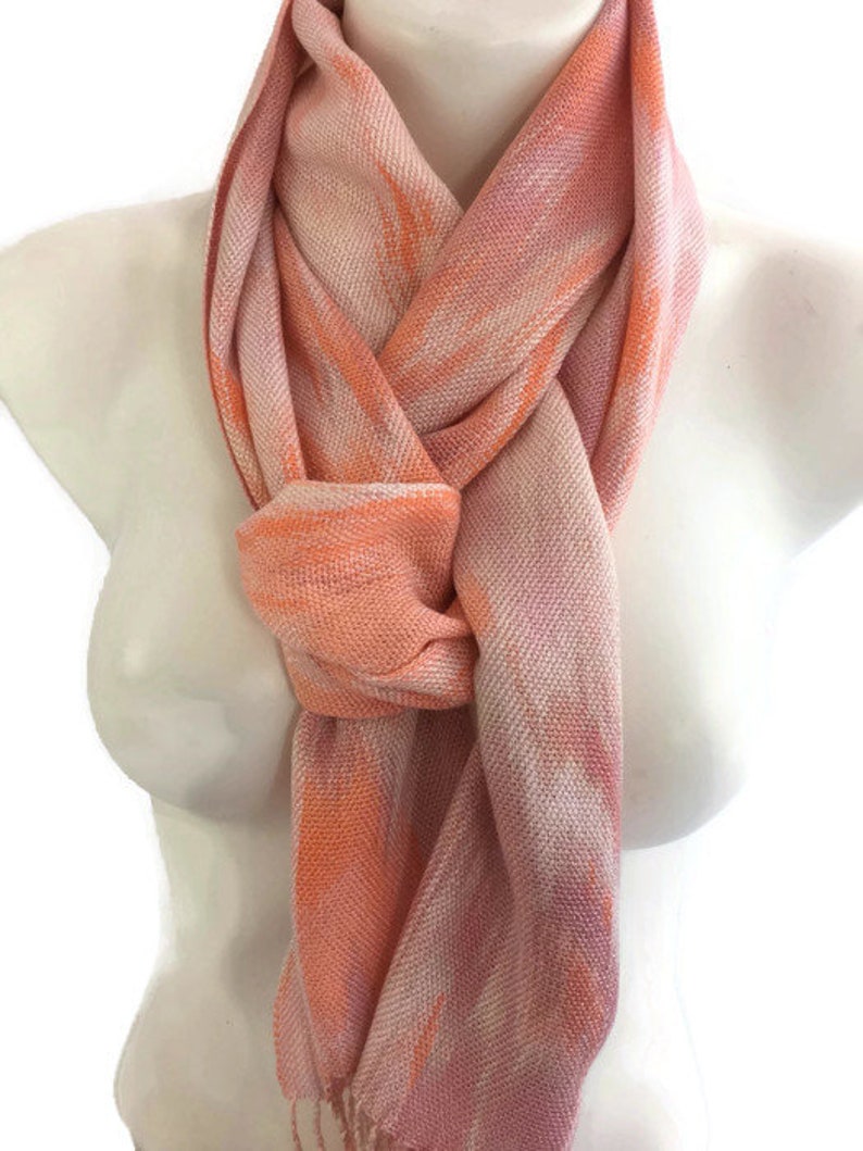 Hand-dyed, handwoven, Tencel, fringed scarf in shades of pink, peach, cream, and orange TFS25 image 4