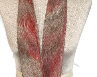 Hand-dyed, handwoven infinity scarf, Tencel/ lyocell, 3" x 50", in shades of brown, golden brown, taupe, peach, orange, and rusty red