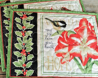 Christmas Holly Placemats | Inspirational Quilted Table Mats with Poinsettia & Chickadee