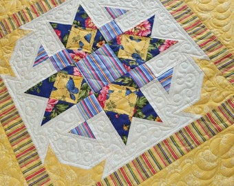 Small Square Butterfly Quilt for Table or Wall | Yellow Patchwork Star | Summer Floral Home Decor
