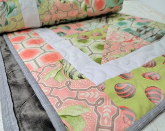 Pastel Baby Quilt with Fanciful Bees  & Soft Cuddle Backing