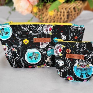 Borsa per il trucco per adolescenti con gatti con teschio di zucchero / Set di pochette con cerniera trapuntata