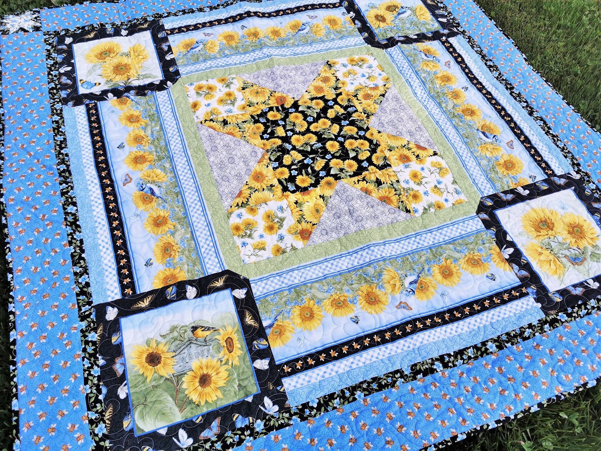 Sunflower Quilt with Birds Butterfly and Bees Fall Decor Etsy