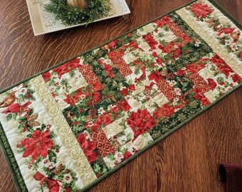 Christmas Poinsettia Table Runner Quilt | Holiday Decor with Holly and Cardinals