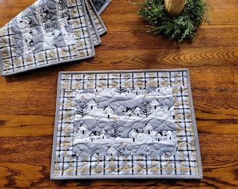 Quilted Winter Placemats | Christmas Table Decor | Snowy Village with Gold Metallic Stars