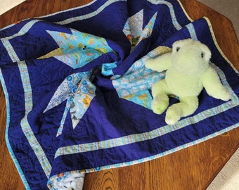 Baby Bear Paw Quilt with Soft Minky Back, Navy Blue Animal Theme