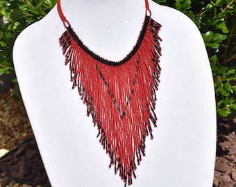 Red Waterfall Beaded Necklace and Earrings, Seed Bead Necklace, Bib Necklace, Lariat, Colllar, Elegant  Necklace, Statement Necklace