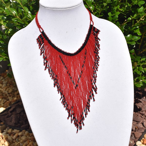 Red Waterfall Beaded Necklace and Earrings, Seed Bead Necklace, Bib Necklace, Lariat, Colllar, Elegant  Necklace, Statement Necklace