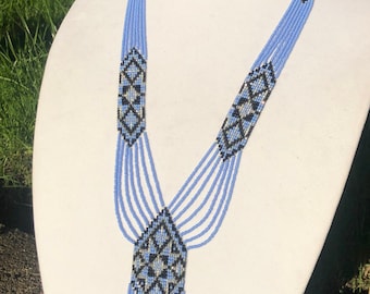 Black Blue White Gerdan, Traditional Ukrainian Necklace, Lariat, Long Beaded Necklace, Handmade Beaded Necklace, Beadwork, Seed Bead Jewelry