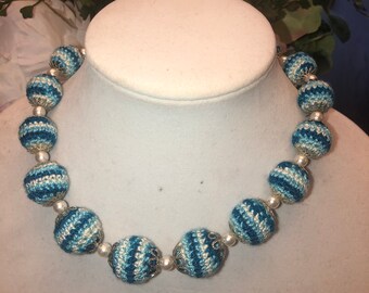 Crochet Blue and White Handmade Necklace and Earrings set