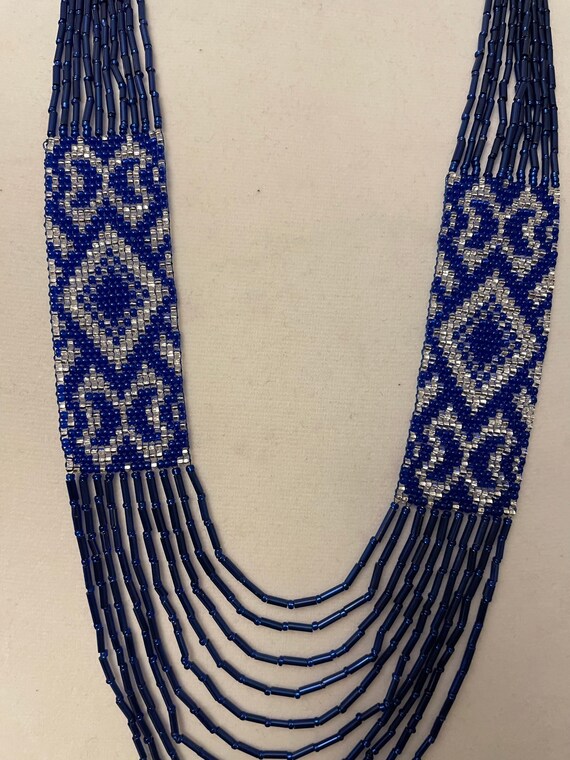Blue and Silver Beaded Necklace, Long Beaded Folk Necklace 