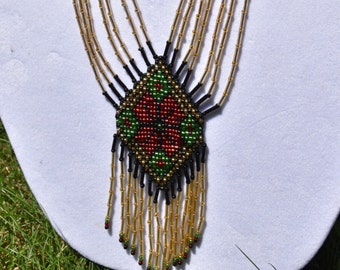 Golden Red Black Green Ukrainian Gerdan Long Seed Bead Necklace, Handmade Beaded Necklace, Folk Necklace, Statement Necklace, Long Necklace,