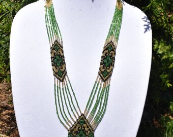 Traditional Ukrainian Folk Necklace, Gerdan, Handmade Beaded Necklace,  Seed Bead Elegant Necklace, Green Golden Black Beaded Necklace