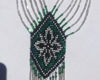 Traditional Ukrainian Necklace, Seed Bead Necklace, Green White Black Necklace, Gerdan, Folk Necklace, Lon Statement Necklace