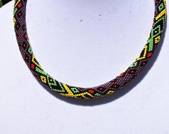 Lariat African Style Seed Bead Necklace Crochet Bead Rope, Gerdan, Geometric Pattern Necklace, Beaded Rope, Spiral Seed Bead Lariat