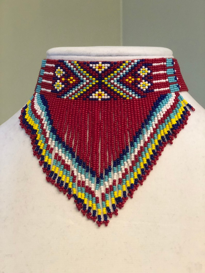 Native American Style seed Bead Choker and Earrings Multicolor Seed Bead Necklace Bib Necklace Seed Bead Jewelry Elegant Beaded Necklace