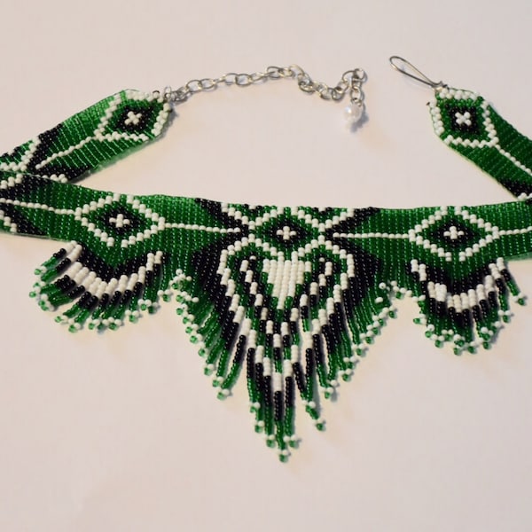 Native American Style Choker Beaded Choker Necklace, Seed Bead Necklace, Folk Necklace, Bib Necklace, Green Necklace