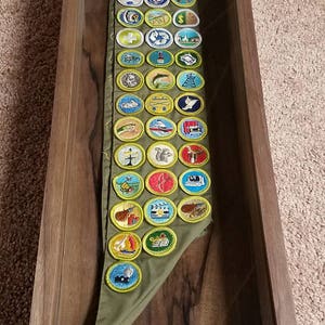 Pode incluir: Uma exibi&ccedil;&atilde;o de distintivos de m&eacute;rito de Boy Scout emoldurada em madeira de noz preta. Os distintivos s&atilde;o exibidos em uma faixa verde.
